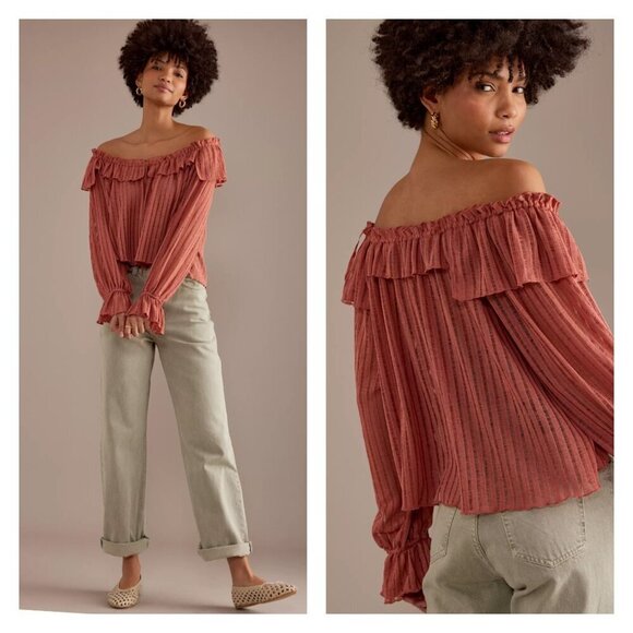 Anthropologie Tops - Anthropologie Long Sleeve Ribbed Striped Ruffle Relaxed Oversized 1X Crop Blouse